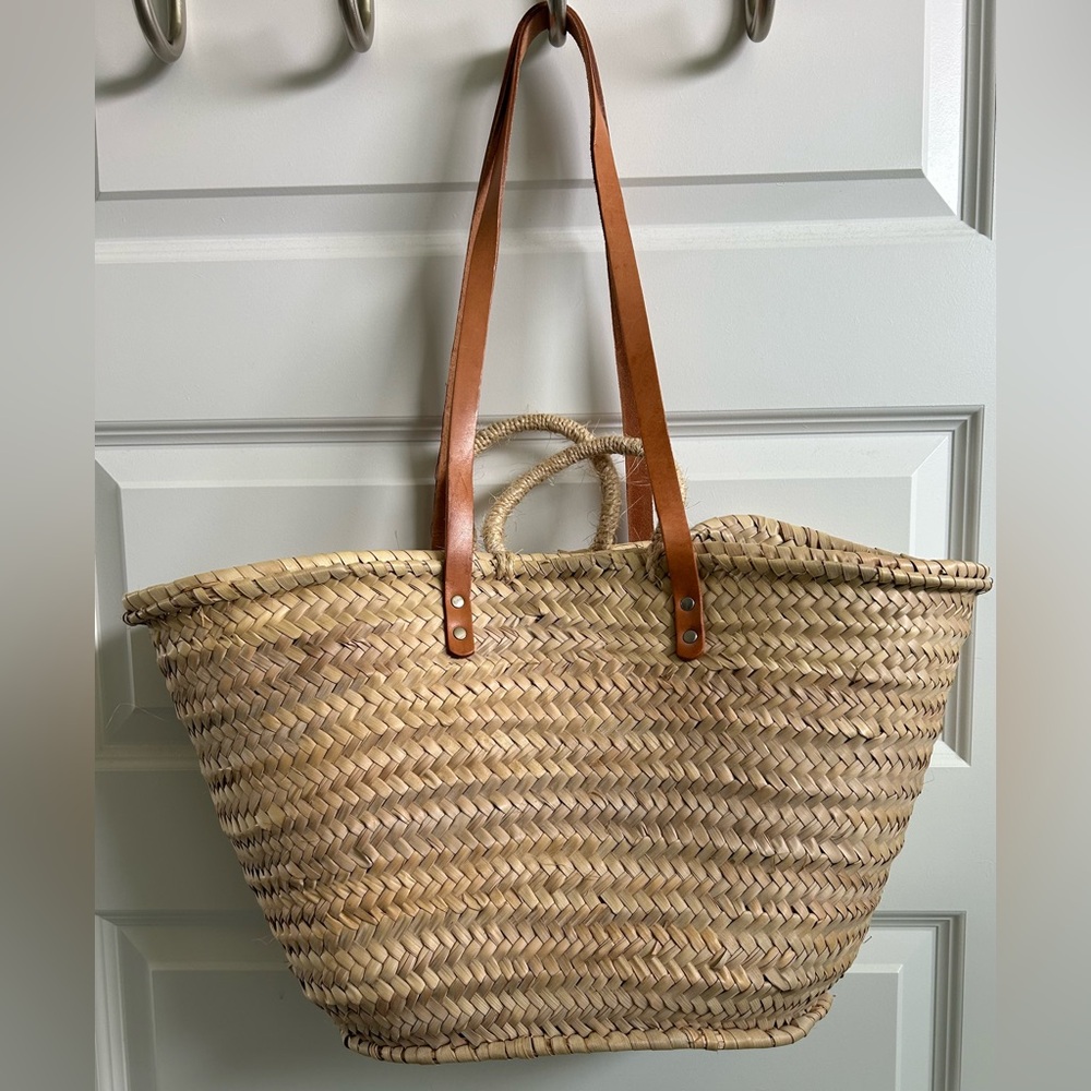 NWOT HANDMADE Woven Straw Tote Market Bag with Tan Leather Straps from ETSY